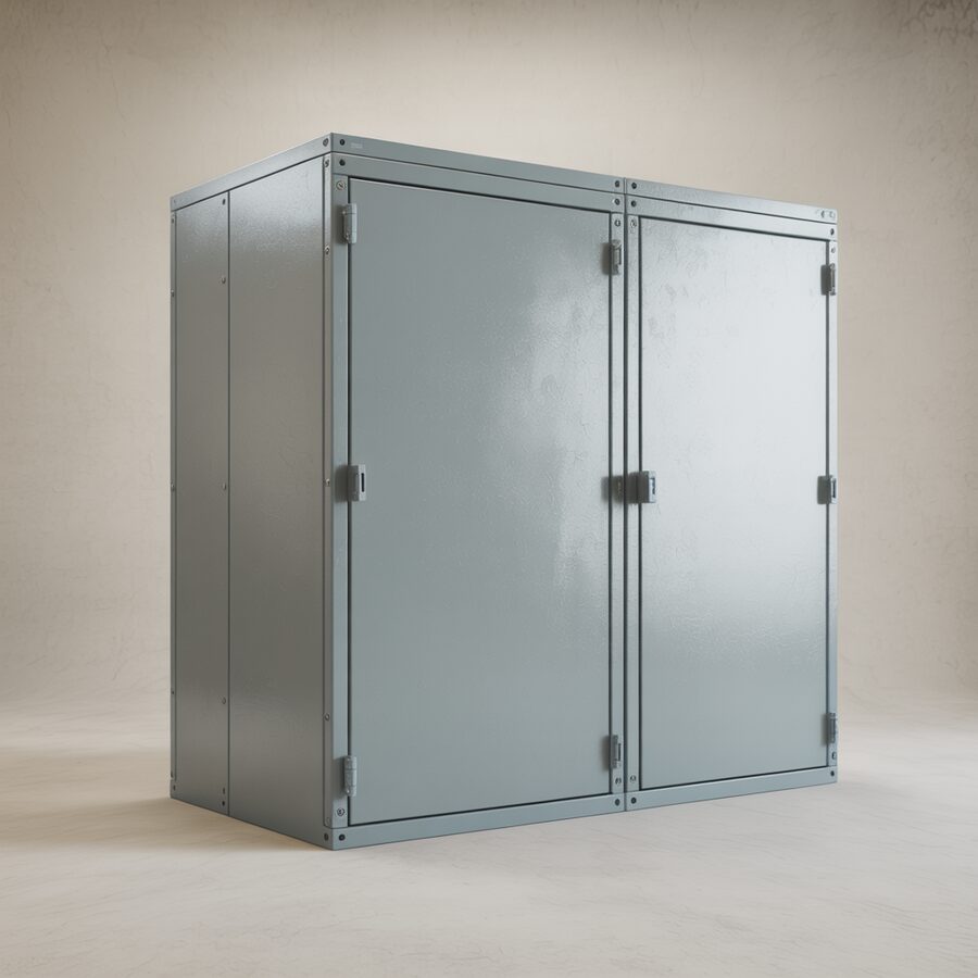 Invólucro metálico industrial de duas portas com dobradiças e fechos revestido em tinta eletrostática a pó Cinza 7035
