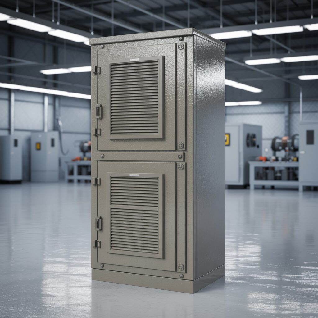 Gabinete industrial autônomo de duas portas com venezianas de ventilação revestido em tinta eletrostática a pó Cinza N6,5