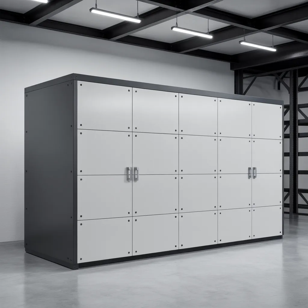 Armário modular de aço com vinte portas revestidas em tinta eletrostática a pó Branco Texturizado e estrutura grafite, em galpão industrial
