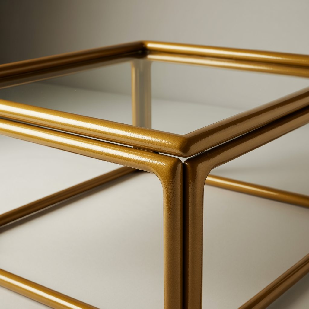 Detalhe do canto de uma mesa lateral com estrutura de tubos metálicos revestidos em tinta eletrostática a pó Dourado e tampo de vidro