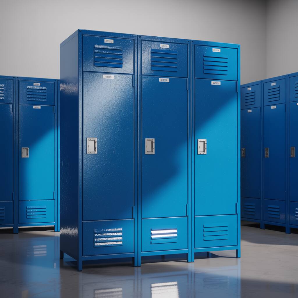 Fileira de armários de aço de três compartimentos revestidos com acabamento eletrostático Azul STC em vestiário industrial