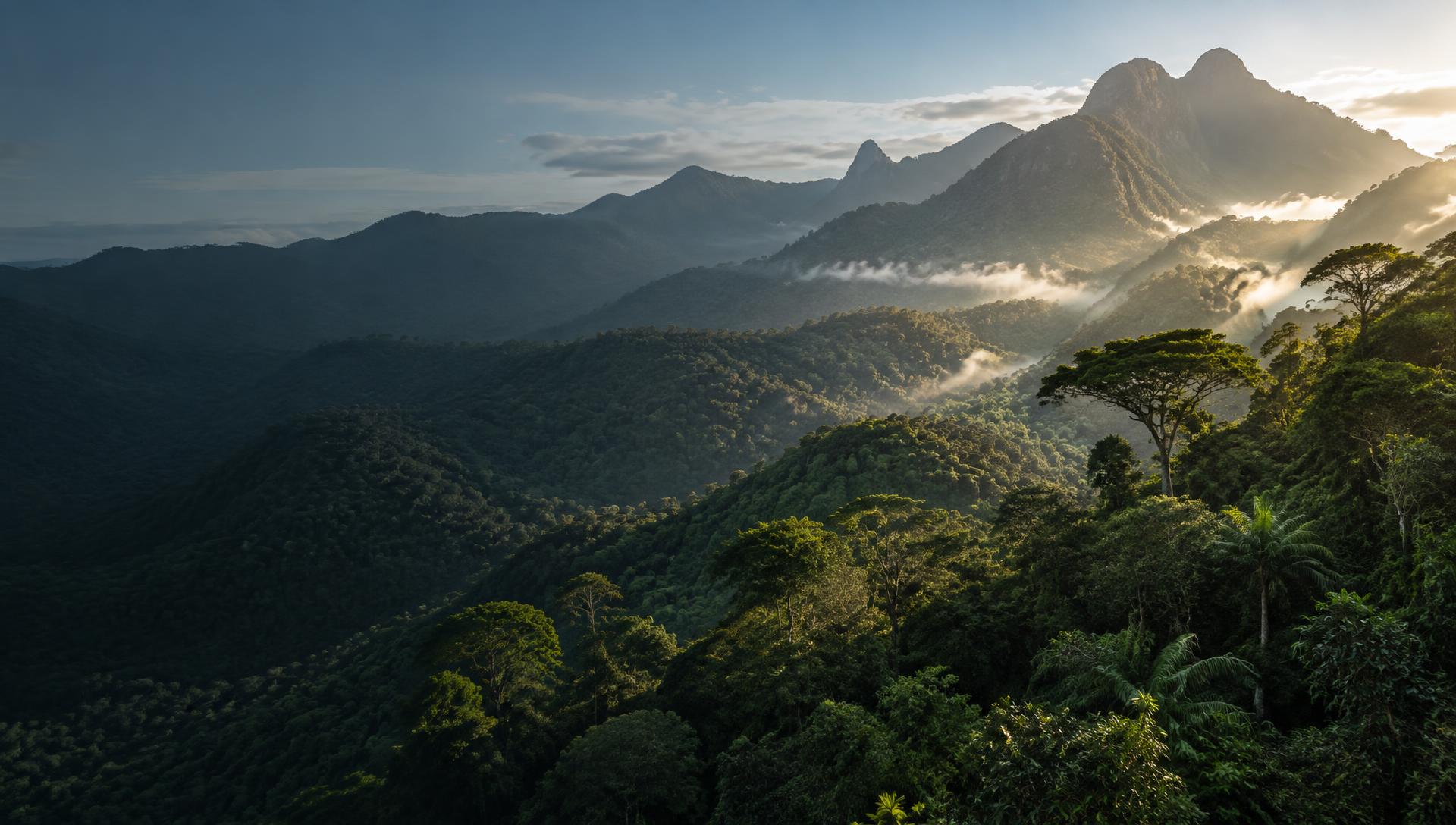 Montanhas cobertas pela Mata Atlântica sob a luz suave da manhã