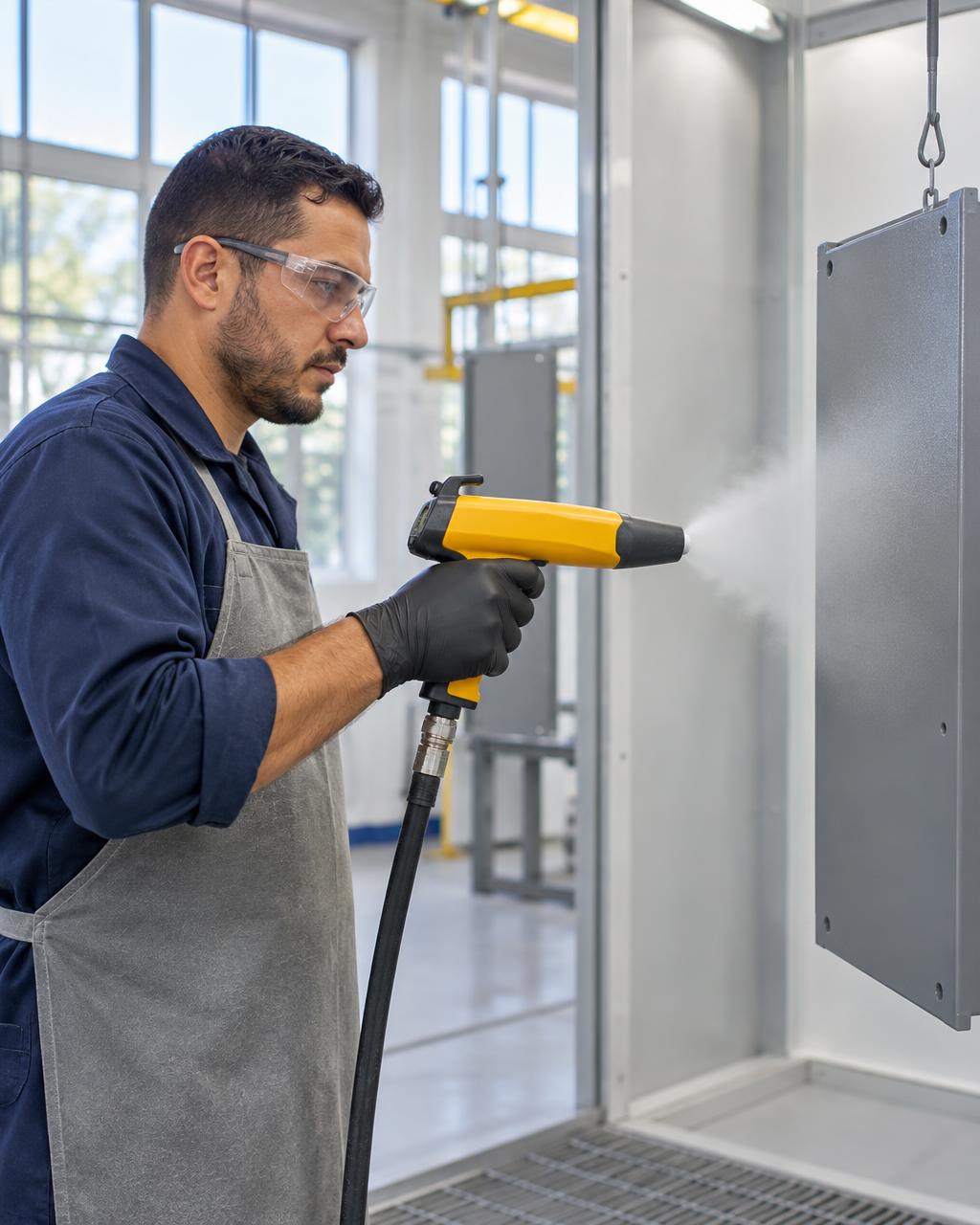 Técnico da Tentil Tintas aplicando tinta eletrostática a pó em painel metálico dentro da cabine de pintura